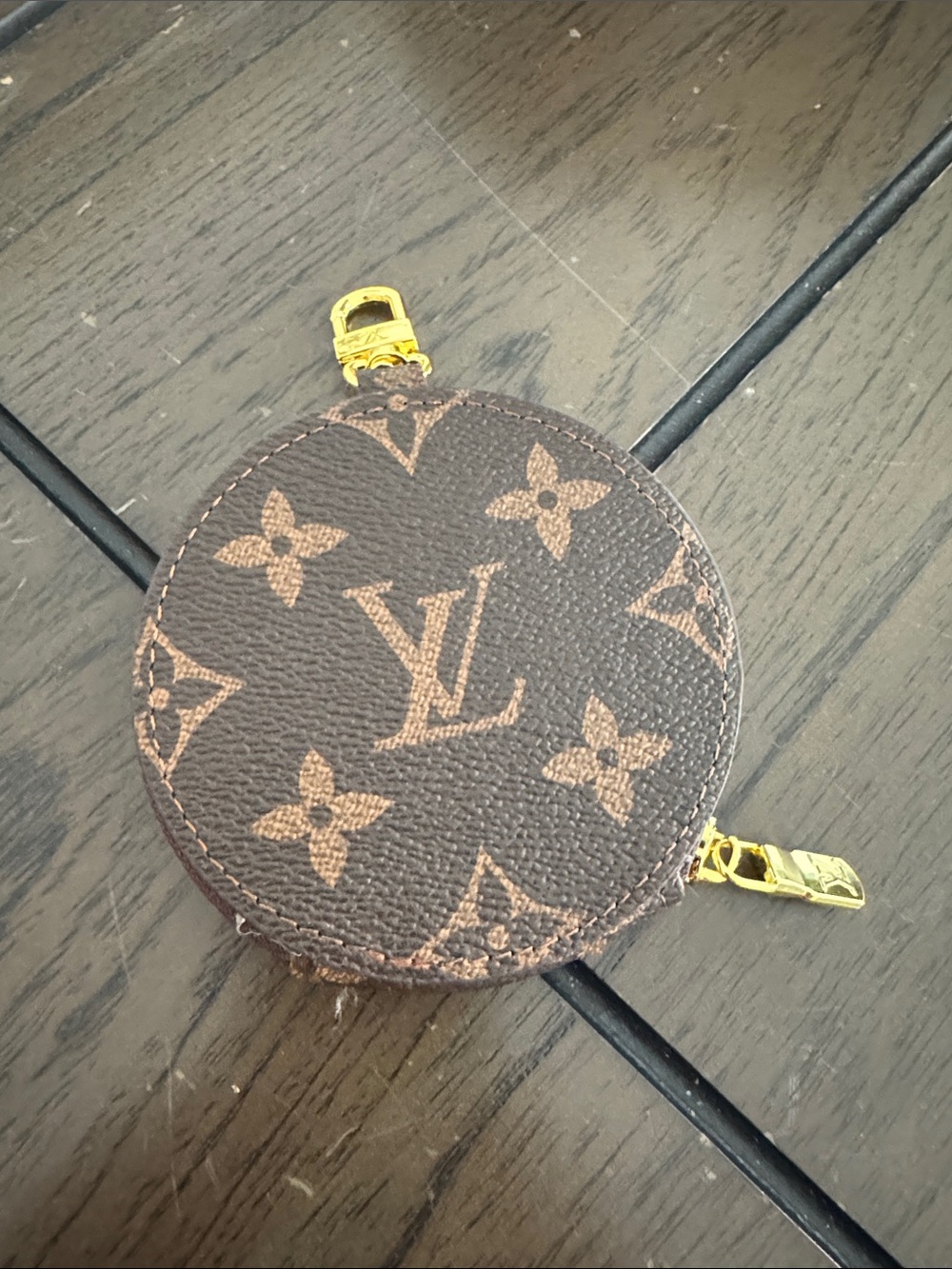Brown Monogram Round Coin Pouch keychain with Gold Hardware or charm